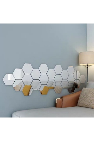Yaleker Gümüş Renkli Plastik Hexagon Gölge Duvar Sticker Seti - 18.4x16x9.2cm Ve 12.6x11x6.3cm Seçenekleri Gümüş