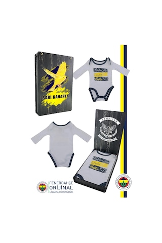 Fenerbahçe Lisanslı Kalpleri Fetheden Renkler Bebek Body Zıbın Kanarya Baskılı Hediyelik Ahşap Kutulu Beyaz