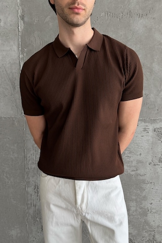 Erkek Petek Desen Polo Yaka Triko T-shirt Kahverengi