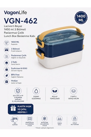Vagonlife Vgn-462 Lacivert-beyaz 1400 Ml 3 Bölmeli Paslanmaz Çelik Lunch Box Beslenme Kabı Çok Renkli