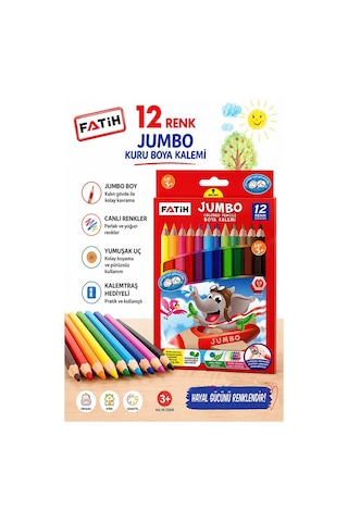 12 Li Jumbo Kuru Boya Kalemi 1 Paket Fatih Kalın 12 Renk Jumbo Kuruboya Tam Boy Renkli Kalem Karton Kutu Kolay Tutuş Çok Renkli