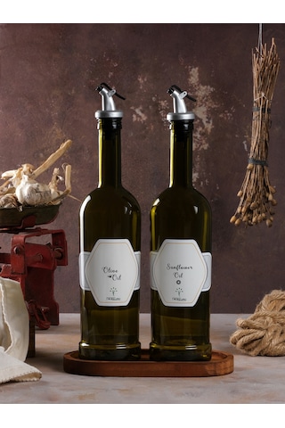 Ahşap Stantlı Amber 2'li 750 ml Zeytinyağı ve Sıvıyağ Yağdanlık Şişesi Ayçiçekyağı,Yağlık da