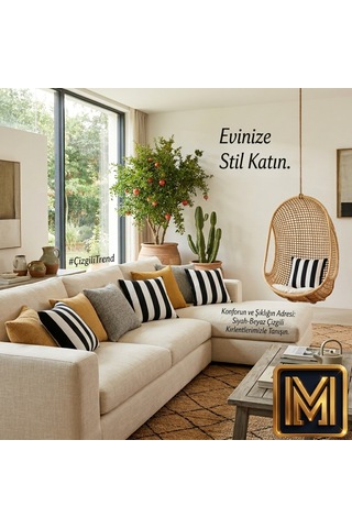 Kırlent 6 4'lü Siyah Beyaz Çizgili Kırlent Kılıfı 45x45 Cm Modern Dekoratif Koltuk Yastık Kılıfı Beyaz Siyah Renk