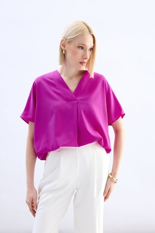 Sateen Geniş Kısa Kollu Bluz - Fuşya-136762 Fuşya