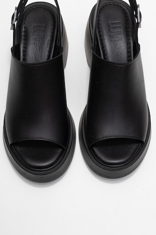 Luvishoes Power Siyah Cilt Hakiki Deri Kadın Dolgu Topuklu Sandalet Siyah Deri