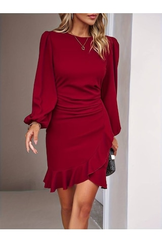 Kadın Uzun Kollu Bisiklet Yaka Önden Volanlı Ithal Krep Elbise Kırmızı