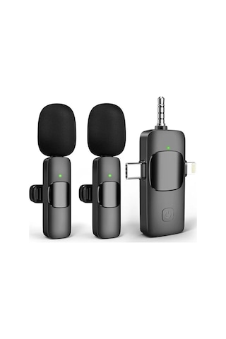 K15 Yaka Mikrofonu 2 Li Kablosuz Yaka Mikrofonu İos, Android,3.5mm Jack Lightning Girişli Kamera, Usb-c , Video Kaydı, Vloglama, Youtube Uyumlu