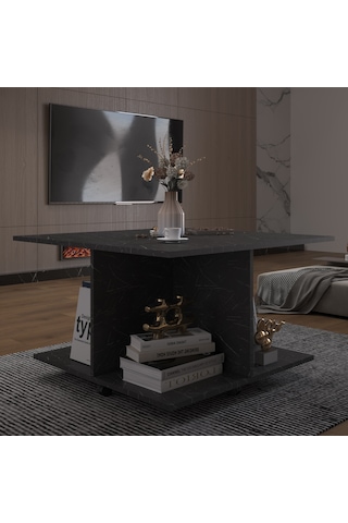 Asra Trend Kare Orta Sehpa OS002 %100 MDF Tekerlekli 4 Bölmeli Raf Takımı Royal Mermer