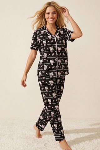 Siyah İnci Hello Kitty Lisanslı %100 Pamuk Pembe Çok Renkli Düğmeli Biyeli Pijama Takım 26120451 Siyah Pembe