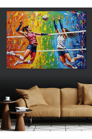 Kadınlar Voleybol Maçı Smaç Ve Blok Dekoratif Kanvas - Mdf Ahşap Tablo