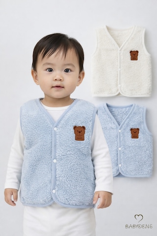 Babyden's 2 Li Welsoft Yelek Seti Erkek Bebek & Çocuk Peluş Yumuşak Kışlık Bebek Yeleği, Çıtçıtlı Ekru - Mavi