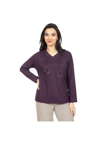 Kadın Orta Yaş Ve Üzeri Yeni Model V Yaka Taş İşlemeli Anne Penye Bluz 30560-mürdüm