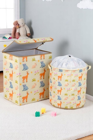 İronika Animals Dolap İçi Organizer Oyuncak Kutusu Eşya Çamaşır Saklama Sepeti Düzenleyici Kutu 2li Set Sarı