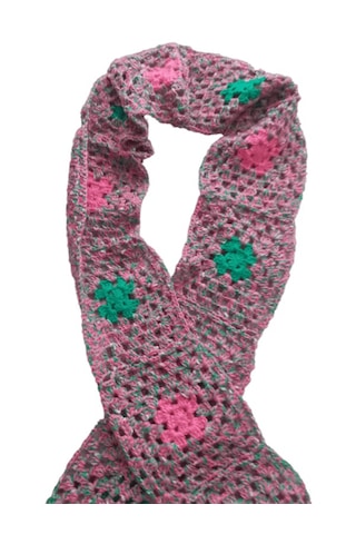 El&Ma El Örgüsü Etnik & Otantik Motifli Pembe-yeşil Atkı & Boyunluk Çok Renkli