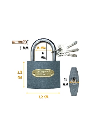 Kupa Asma Kilit Gri 32 Mm. - 3 Anahtarlı