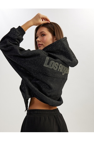 Koton Sim Detaylı Fermuarlı Kapüşonlu Kanguru Cepli Crop Sweatshirt Siyah 5sal10598ık Siyah