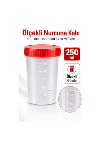 Numune Kabı Ölçekli Şeffaf Gövdeli Kırmızı Vidalı Kapaklı 250 Ml 5 Adet