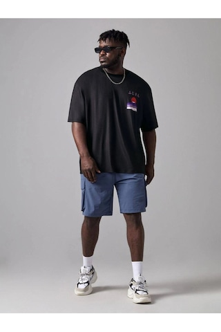 Erkek Siyah Oversize Dağ Baskılı T-shirt Siyah-68486