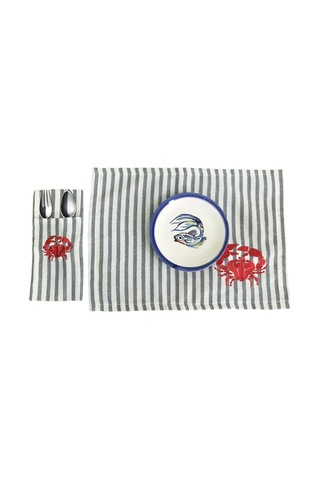 Çizgili Keten Yengeç Nakışlı Amerikan Servis Ve Çatal Kaşıklık So