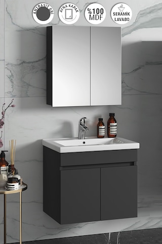 Çiğdem 65 Cm Antrasit Gri Mdf Lavabolu Asma Banyo Dolabı Takımı Antrasit - Gri
