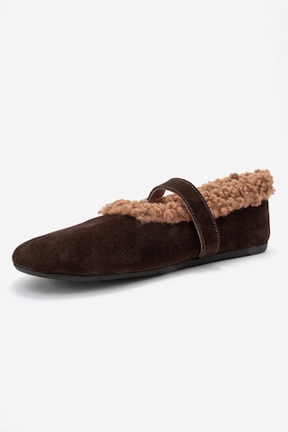 Luvishoes Luvi Shoes Guın Kahverengi Süet Hakiki Deri Peluş Detaylı Kemerli Kadın Babet Ayakkabı Kahverengi
