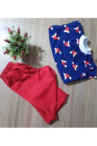Yılbaşı Şapkası Desenli Ünisex Çocuk Takımı Kırmızı - Lacivert