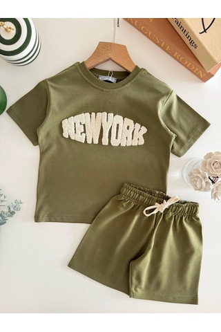 Magu Erkek Çocuk Pamuklu Yeşil New York Yazı Aplikeli T-shirt Şort Takım