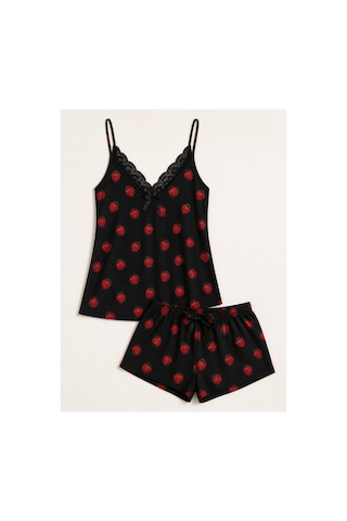 Bravie Kadın Büyük Beden İp Askılı Yakası Dantelli Siyah Çilekli Yazlık Pijama Takımı Kırmızı