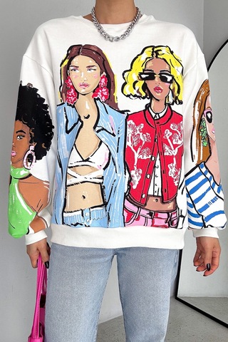Femelle Kadın Beyaz 3 İplik Şardonlu Baskılı Oversize Pamuk Sweatshirt