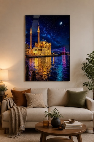 Ortaköy Camii Baskılı Cam Tablo Gece Boğaz Manzaralı Duvar Dekoru