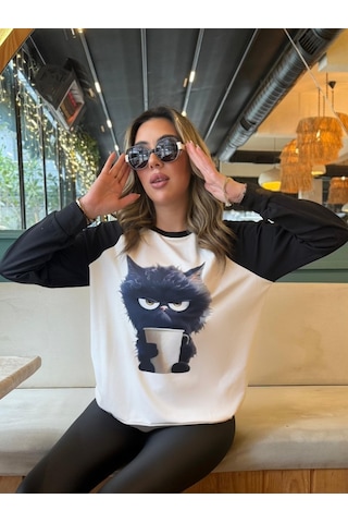 Reka Moda Kadın Uzun Kollu Bisiklet Yaka Kedi Baskılı Şardonlu Dalgıç Bluz Beyaz