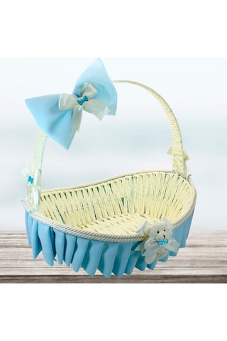 Saplı Oval Kumaş Süslü Sepet 41 Cm Büyük Boy Mavi