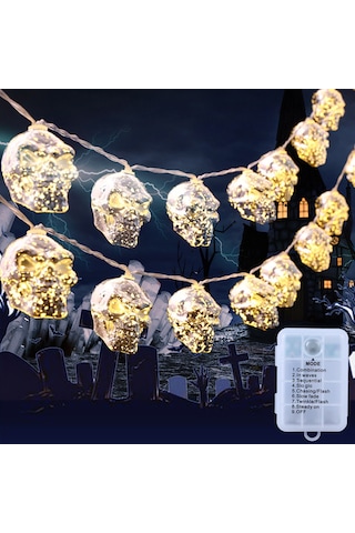 Hfambition Halloween Dekorasyon Led Işık Zinciri - Kemik Kafalı, 2.5m 20 Işık, Su Geçirmez, Pil Kutusu, Sürekli Aydınlatma Modu
