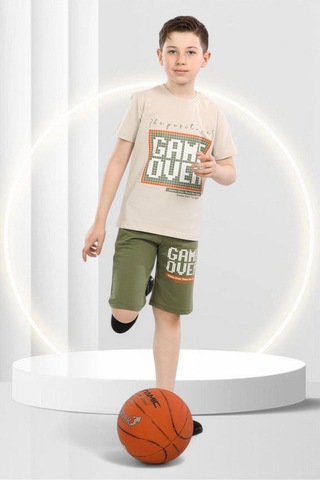 Veramoni Game Over Baskılı Yazlılk Çocuk Kısa Kollu Şortlu Bisiklet Yaka Tişört Alt Üst Takım Haki