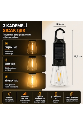 Şarj Edilebilir Led Kamp Lambası 3 Kademeli Sıcak Işık Asma Kancalı Taşınabilir Çadır Ve Acil Durum Lambası