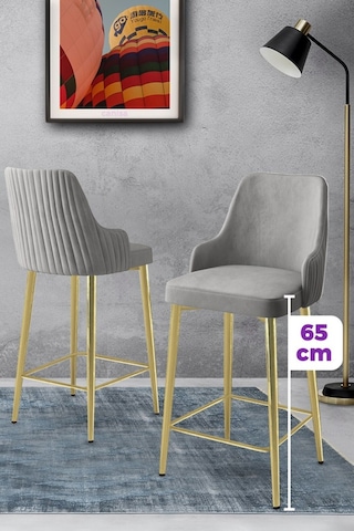 Canisa Tera Serisi 1 Adet Babyface Kumaş 65 Cm Gold Kaplama Ayaklı Gri Bar Sandalyesi Gri Sandalye Gold Kaplama Ayak