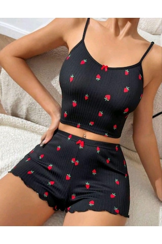 Motto10 Butik Kadın Siyah Çilek Desenli Seksi Gecelik Takım 5020