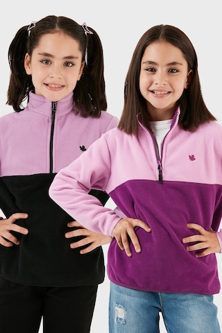 Lela Yumuşak Dokulu Yarım Fermuarlı Renk Bloklu Dik Yaka 2'Li Paket Çocuk Polar 5905004S2 Lila Siyah-Şeker Pembe Mor