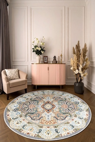 Zeminde Bir Dönüş Yuvarlak Medalyonlu Halı Tasarımı - Kaymaz Taban Krem