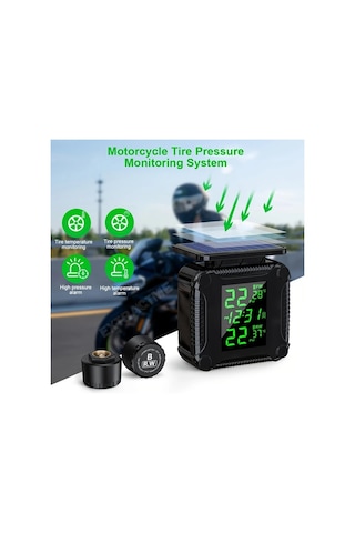 Boatshop1 Ynf Motosiklet Lastik Basınç İzleme Sistemi Siyah Lcd Ekranlı Otomatik Alarm Kablosuz Güneş Enerjili Şarj Lastik Monitörü