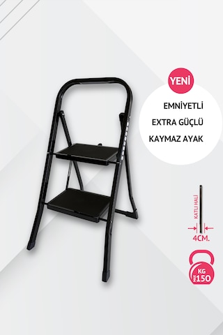 Portalife 2 Basamaklı Siyah Çelik Merdiven Ekstra Güvenli & Ultra İnce Katlanabilir Tasarım