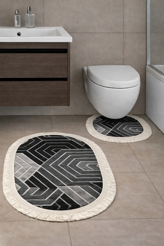 Kaymaz Tabanlı 2 Li Banyo Paspas Seti Yıkanabilir, Su Emici, Toz & Leke Tutmaz Oval Klozet Takımı Kahve - Krem