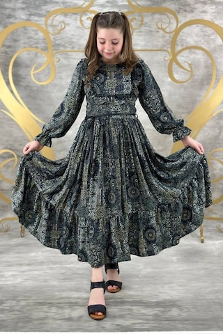 Desenli Tam Boy Uzun Kol Kız Çocuk Elbise 001