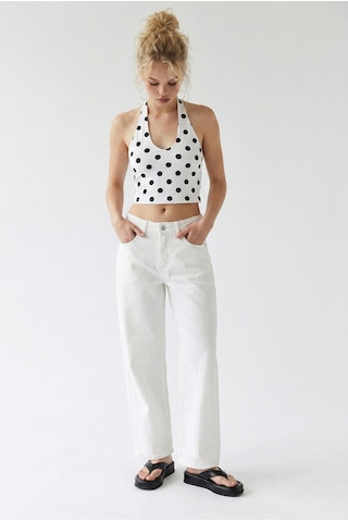 Mixray 2128 Kadın İnce Mevsimlik Yüksek Bel Wide Leg Denim Pantolon Beyaz