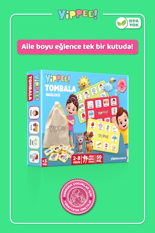 Çocuk Tombala İngilizce Temalı Ham Bez Kese 8 Tabla 50 Pul 60 Parça