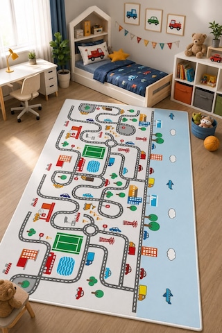 STY Home Trafik Çocuk Oyun Halısı Kaymaz Makinede Yıkanabilir Eğitici Bebek Ve Çocuk Odası Halısı Oyun70 Mavi