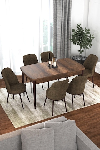 Canisa Concept Kor Serisi 70x114 Açılabilir Mutfak Masası Takımı Barok Desen Masa 6 Kahverengi Sandalye Masa Barok Sandalyeler Kahverengi