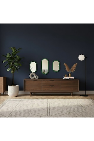 3 Lü Oval Duvar Aynası / Yeşil Dekor Oval Ayna -dekoratif Ayna Seti Yeşil