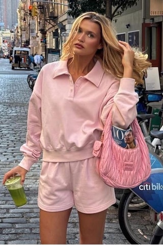 Madmext Pembe Polo Yaka Kadın Şort Sweatshirt Takım Mg2375