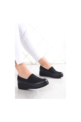 Erkan Saçmacı Rebecca Siyah Hakiki Deri Ön Yüz Streç Dolgu Topuklu Günlük Ayakkabı